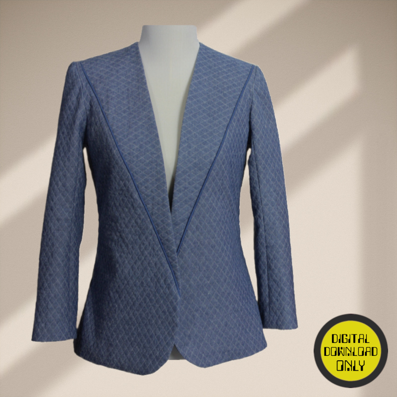 A digital PDF sewing pattern for a collarless jacket.  The garment is a blue princess line jacket on a mannequin