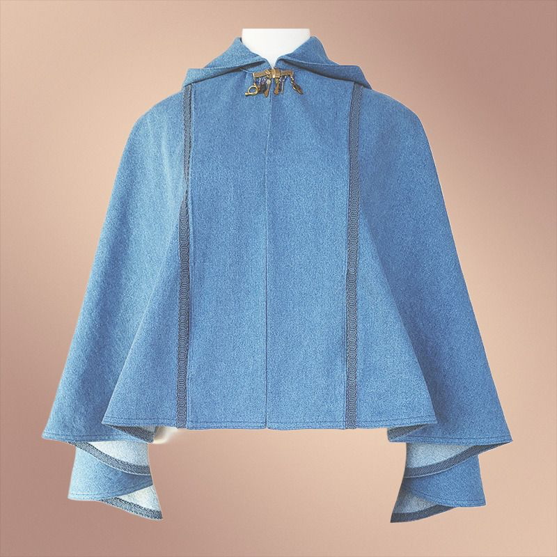 A digital PDF sewing pattern for hooded cape.  The garment is light blue displayed on a mannequin.