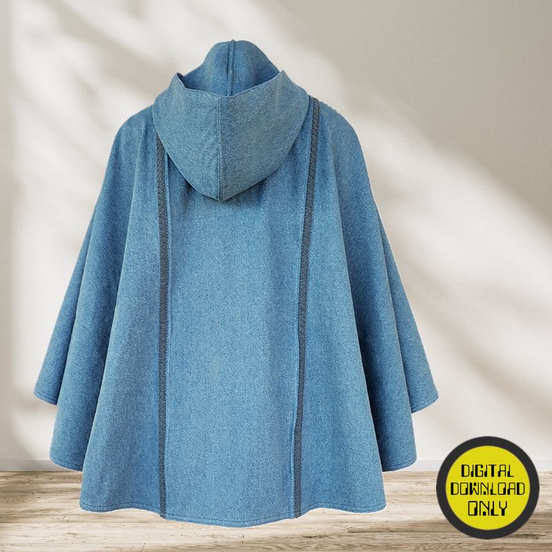 A digital PDF sewing pattern for hooded cape.  The garment is the back view of a blue hooded cape.