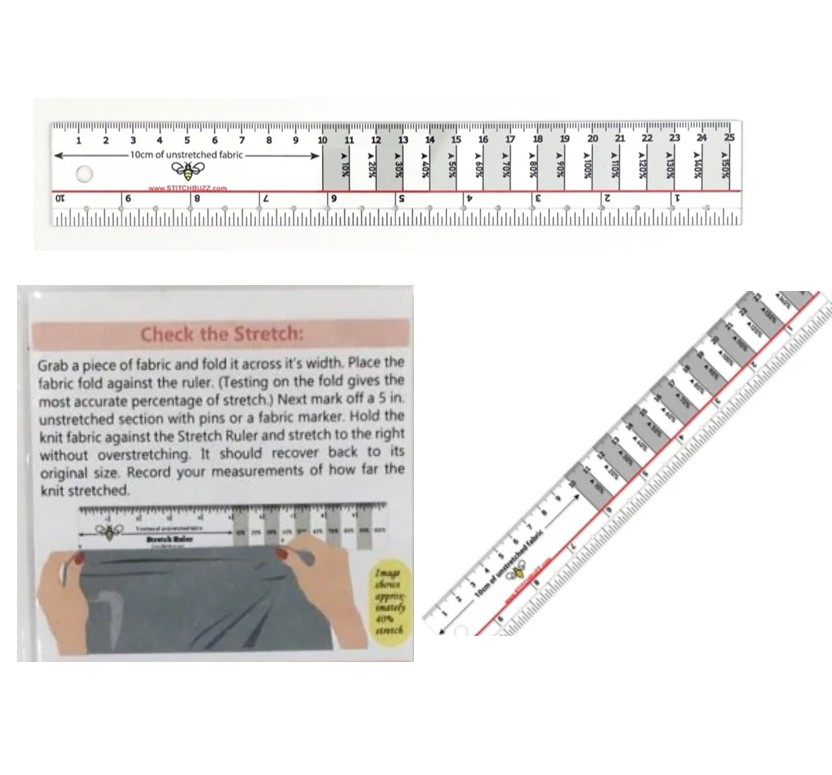 A  clear plastic ruler with gray stripes every other inch, used to measure the stretch and recovery of knit fabrics