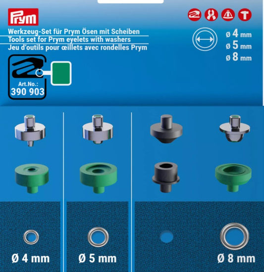 Tools set for Prym eyelets with washers, 4, 5 and 8 mm