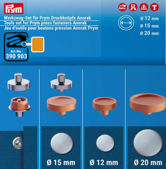 Tools set for Prym press fasteners Anorak, 12, 15 and 20 mm