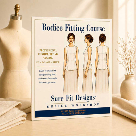 Poster for Bodice Fitting Course by Sure Fit Designs on a mannequin and table setting.