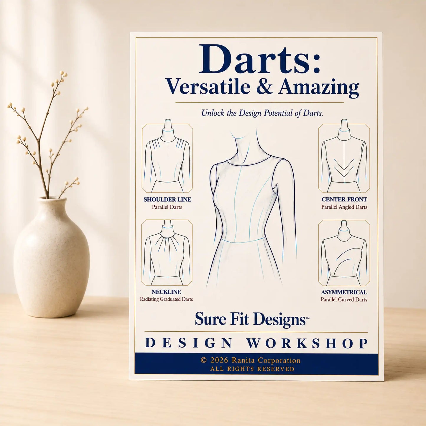 Poster about darts in fashion design on a wooden surface with a vase in the background