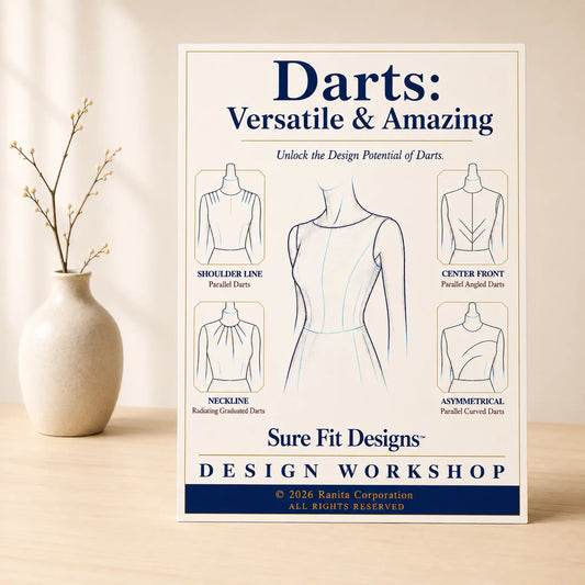 Poster about darts in fashion design on a wooden surface with a vase in the background