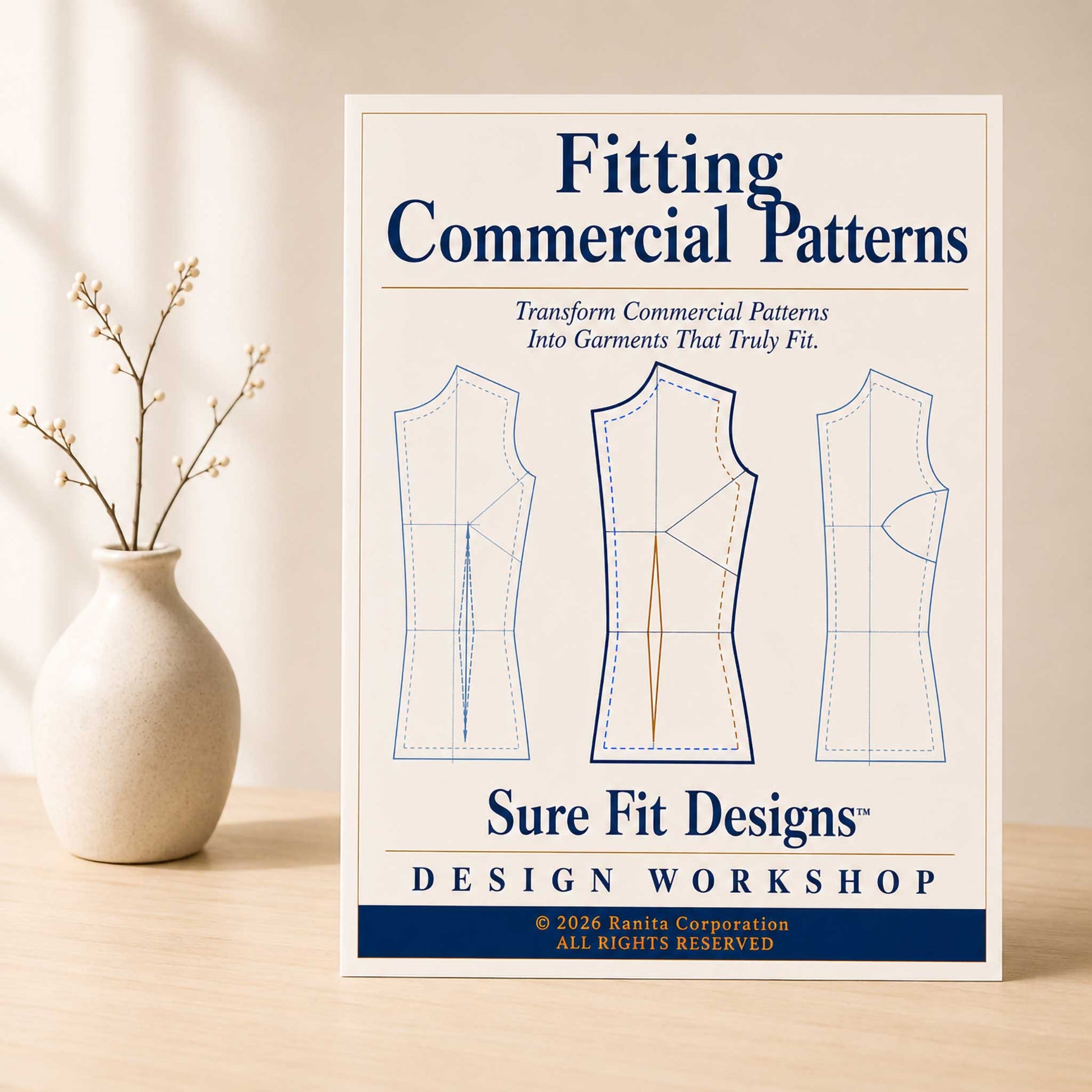 A book or booklet titled "Fitting Commercial Patterns" by Sure Fit Designs Design Workshop stands upright on a light wood surface beside a small beige vase with dried branches. The cover shows three garment pattern outlines in blue and tan on an off-white background.