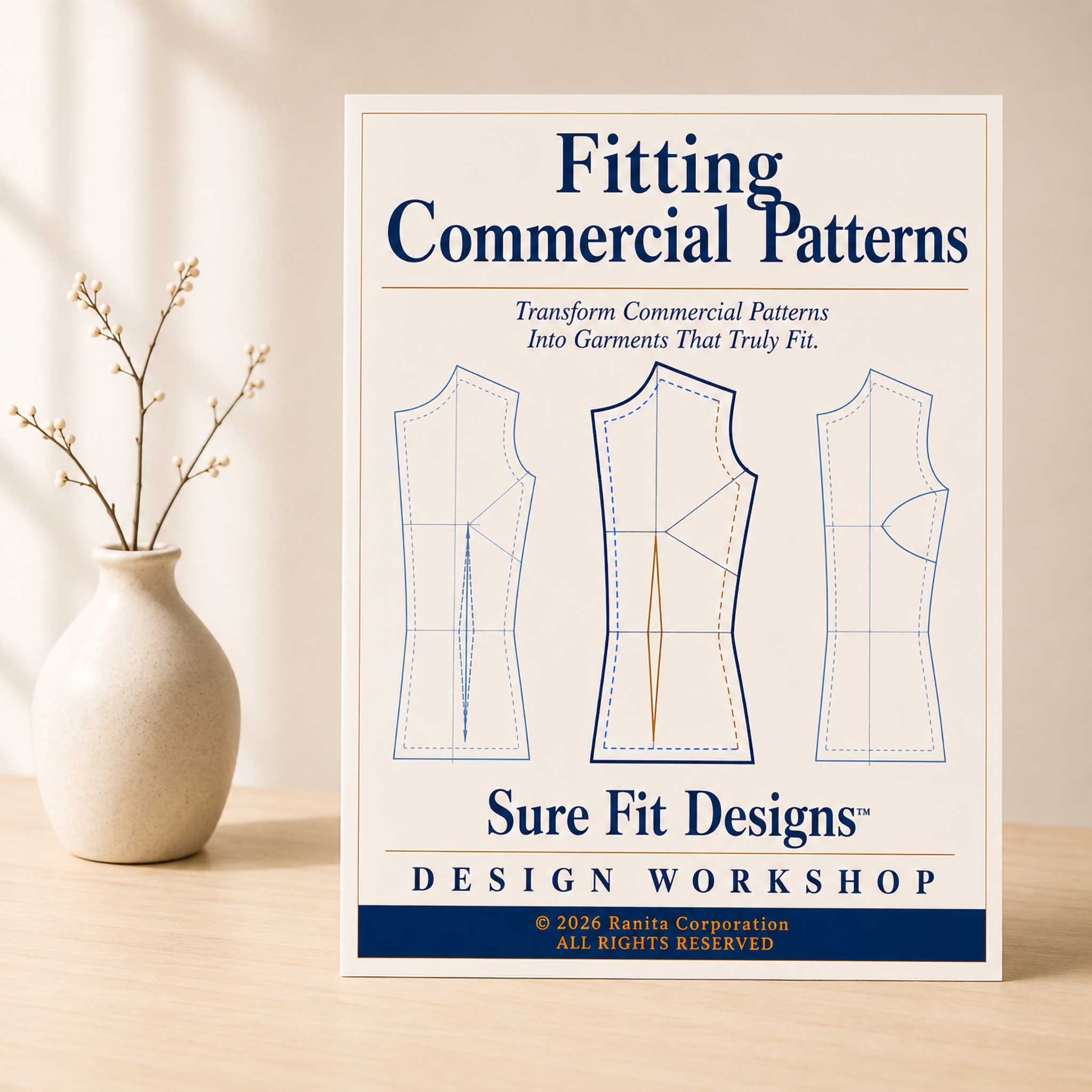 A book or booklet titled "Fitting Commercial Patterns" by Sure Fit Designs Design Workshop stands upright on a light wood surface beside a small beige vase with dried branches. The cover shows three garment pattern outlines in blue and tan on an off-white background.