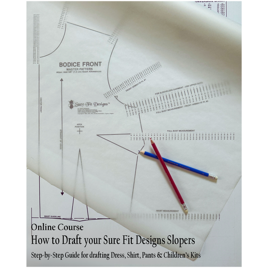 An Online course, How to Draft your Sure Fit Designs Slopers, the image is a bodice pattern with tracing paper and colored pencils