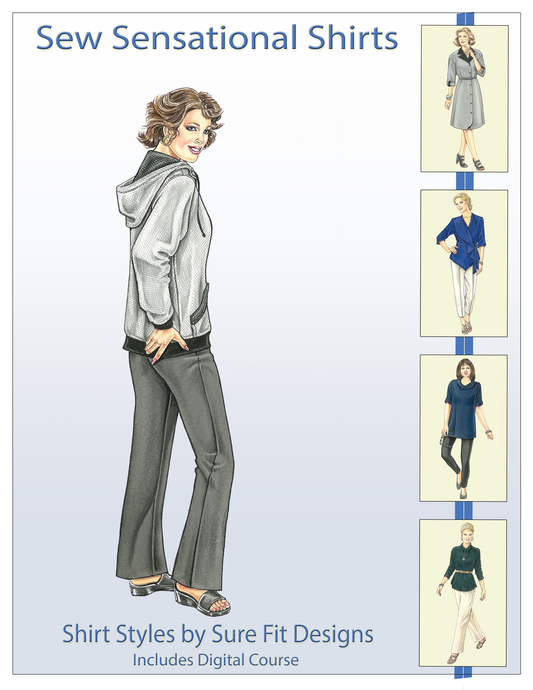 Book cover of 'Sew Sensational Shirts' by Sure Fit Designs with a woman in a gray outfit and shirt styles illustrations.