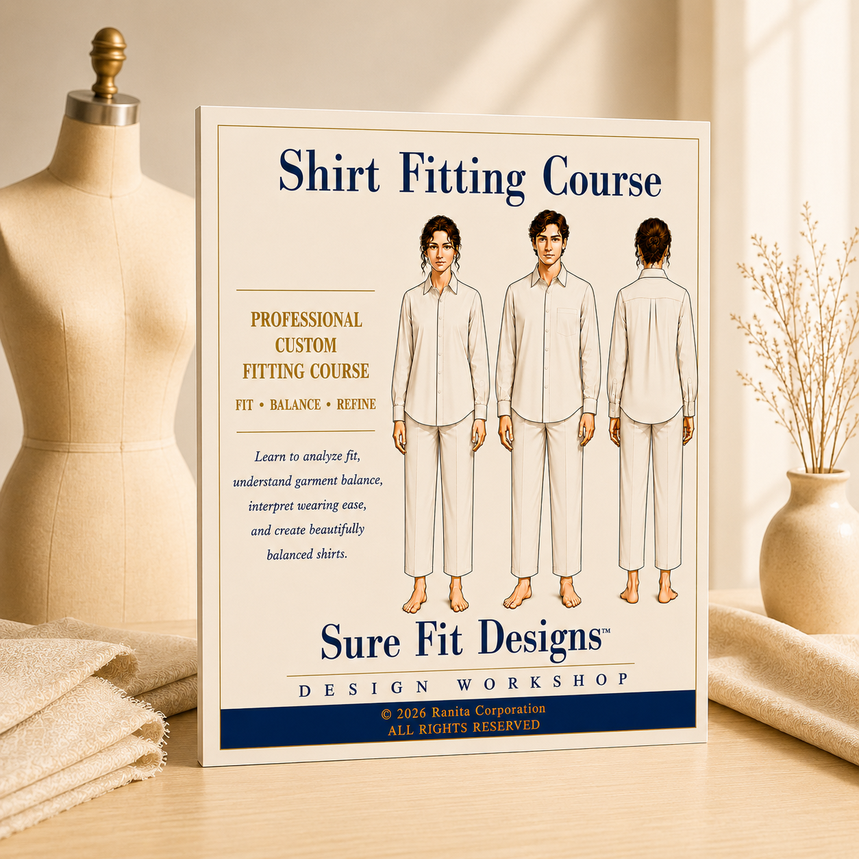 Poster for Shirt Fitting Course by Sure Fit Designs on a mannequin and table with fabric.
