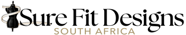 A logo-style graphic reading 'Sure Fit Designs' in large black script with 'SOUTH AFRICA' below in tan/gold, plus a black dress form and white ribbon illustration on the left, on a light gray background.