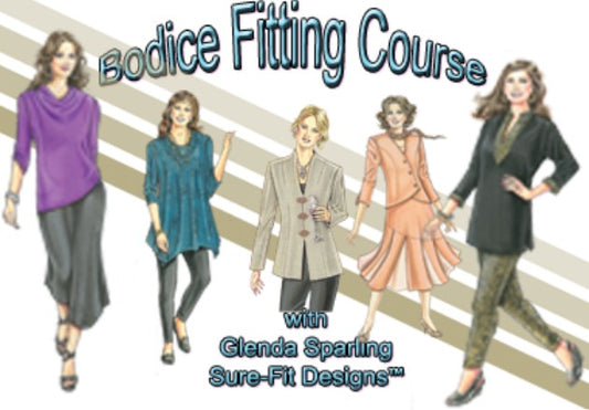 Advertisement for a bodice fitting course with illustrations of women wearing different outfits.