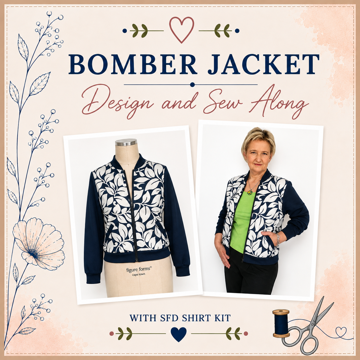 Bomber Jacket Design and Sew Along with SFD Shirt Kit –black and white floral print bomber jacket shown on dress form and worn by a woman – Sure Fit Designs