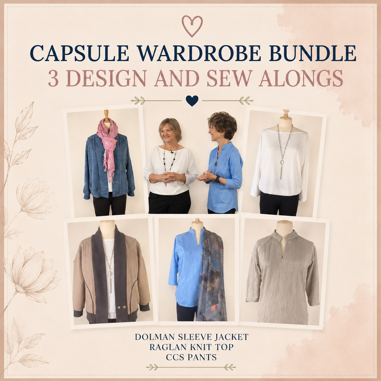 Capsule Wardrobe Bundle – 3 Design and Sew Along classes including Dolman Sleeve Jacket, Raglan Knit Top and CCS Pants shown on dress forms and worn by two women – Sure Fit Designs