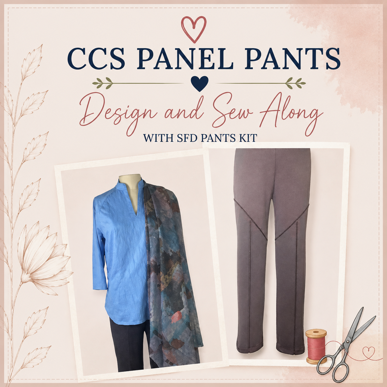 CCS Panel Pants Design and Sew Along with SFD Pants Kit – taupe panel pants with decorative seam detail on a flat lay, styled with a blue raglan top and printed scarf – Sure Fit Designs