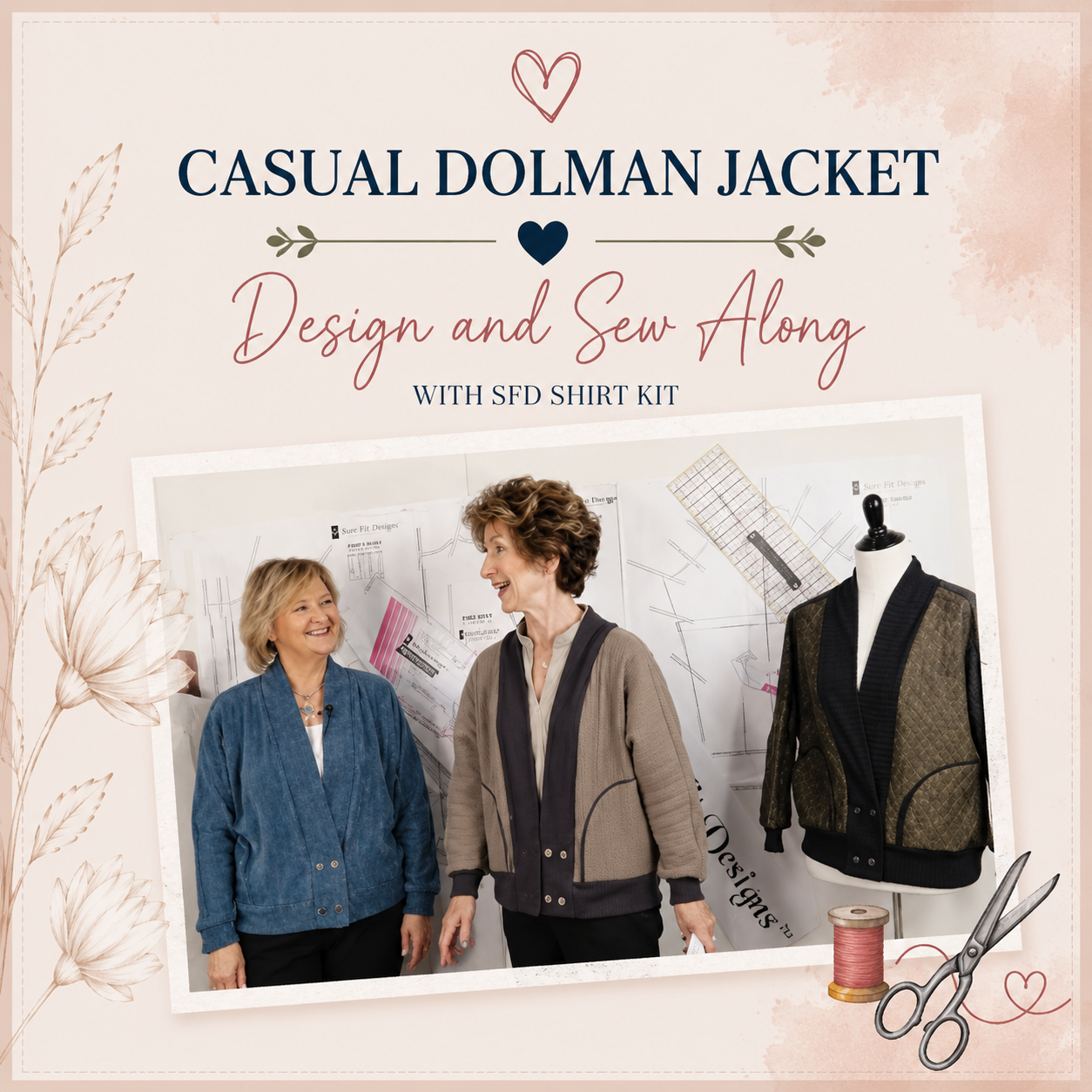 Casual Dolman Sleeve Jacket Design and Sew Along with SFD Shirt Kit – Elsabe and Glenda wearing dolman jackets in blue denim and taupe with pattern pieces on board behind them – Sure Fit Designs