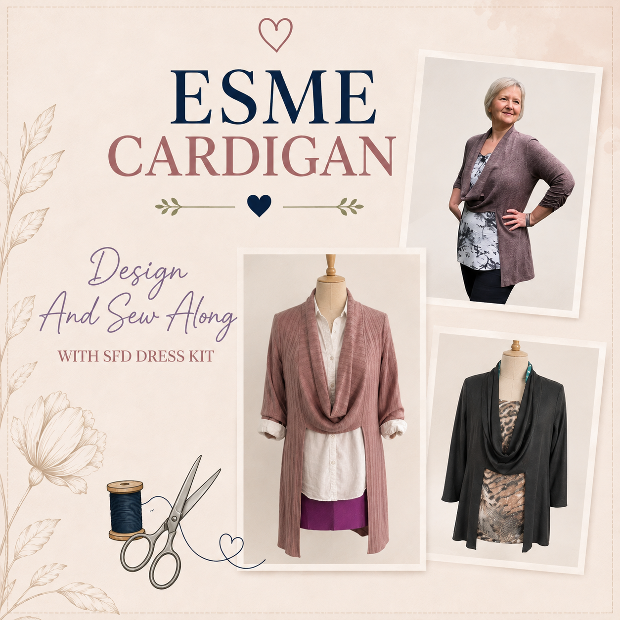 Esme Cardigan Design and Sew Along with SFD Dress Kit – three views of a knit shawl collar cardigan in dusty pink and charcoal worn by a woman and on dress forms – Sure Fit Designs
