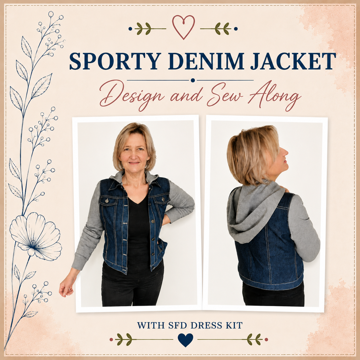 Sporty Denim Jacket Design and Sew Along with SFD Dress Kit – front and back view of a denim jacket with contrast sleeves in grey jersey knit and removable hoodie worn by a woman – Sure Fit Designs