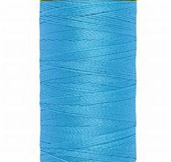 A bright light blue spool of Gütermann Maraflex thread on a white background