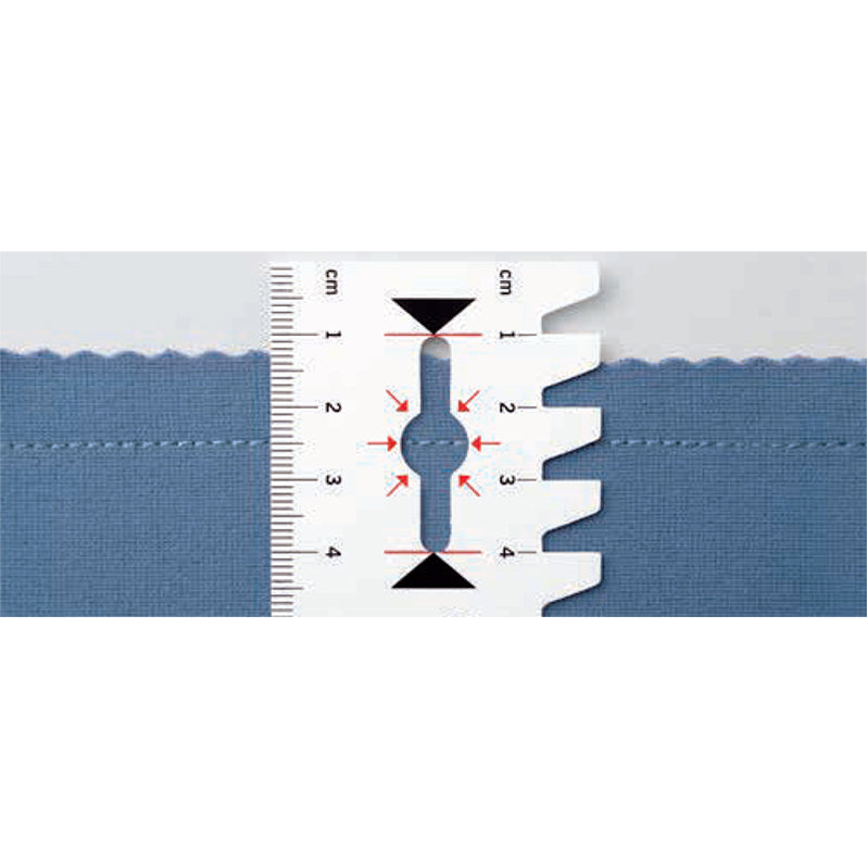 Measurement scale on a blue fabric strip with a white background