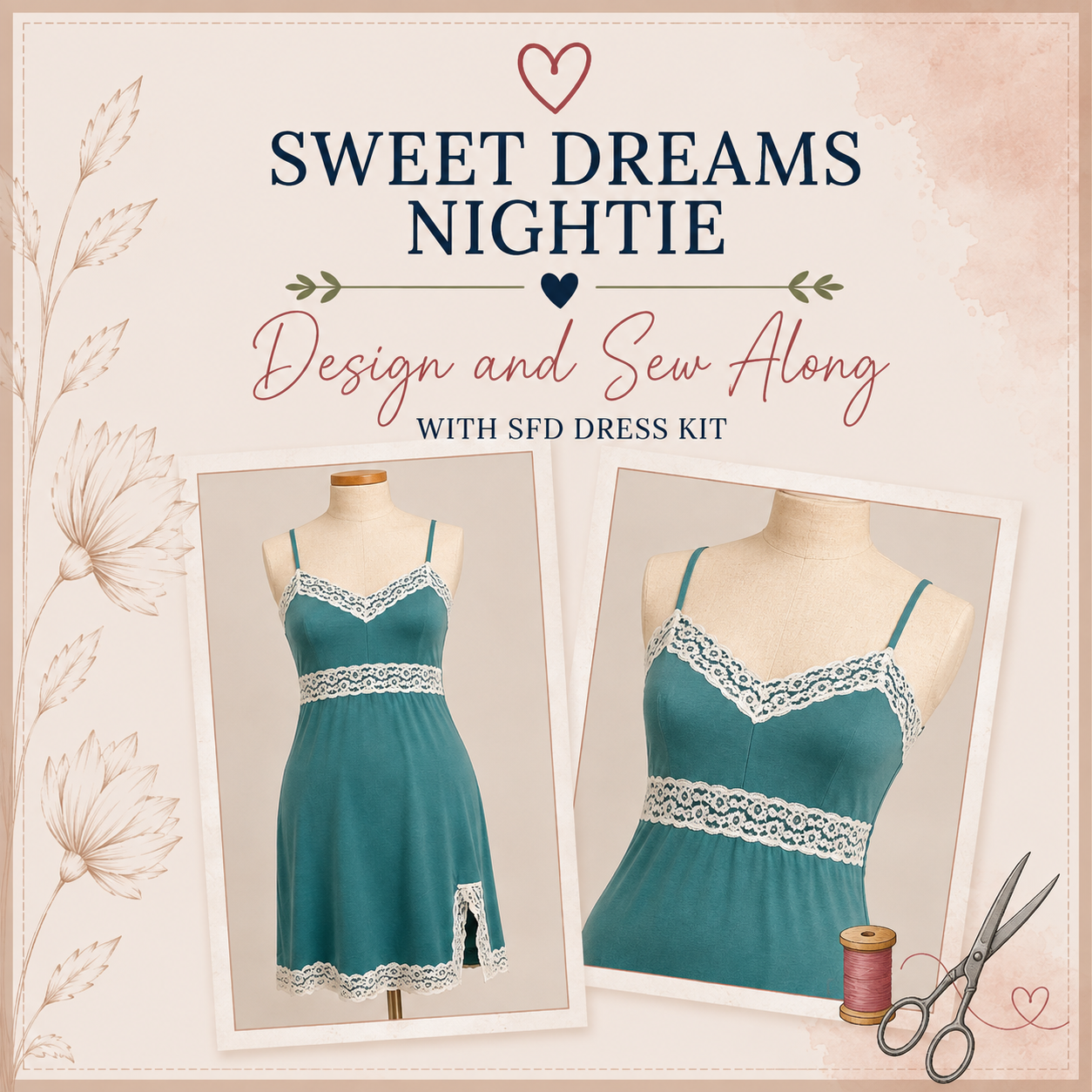 Sweet Dreams Nightie Design and Sew Along with SFD Dress Kit – teal knit nightie with white lace trim at bust and hem shown front and close-up on dress forms – Sure Fit Designs