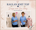 Raglan Knit Top Design and Sew Along with SFD Dress Kit – Elsabe and Glenda wearing blue raglan tops with mandarin collar, with taupe and pink versions on dress forms and pattern pieces behind them – Sure Fit Designs