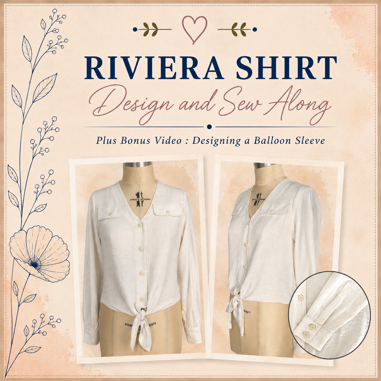 Riviera Shirt Design and Sew Along – white long-sleeve button-front shirt with chest pockets and tie hem shown on two mannequins – Sure Fit Designs online sewing class