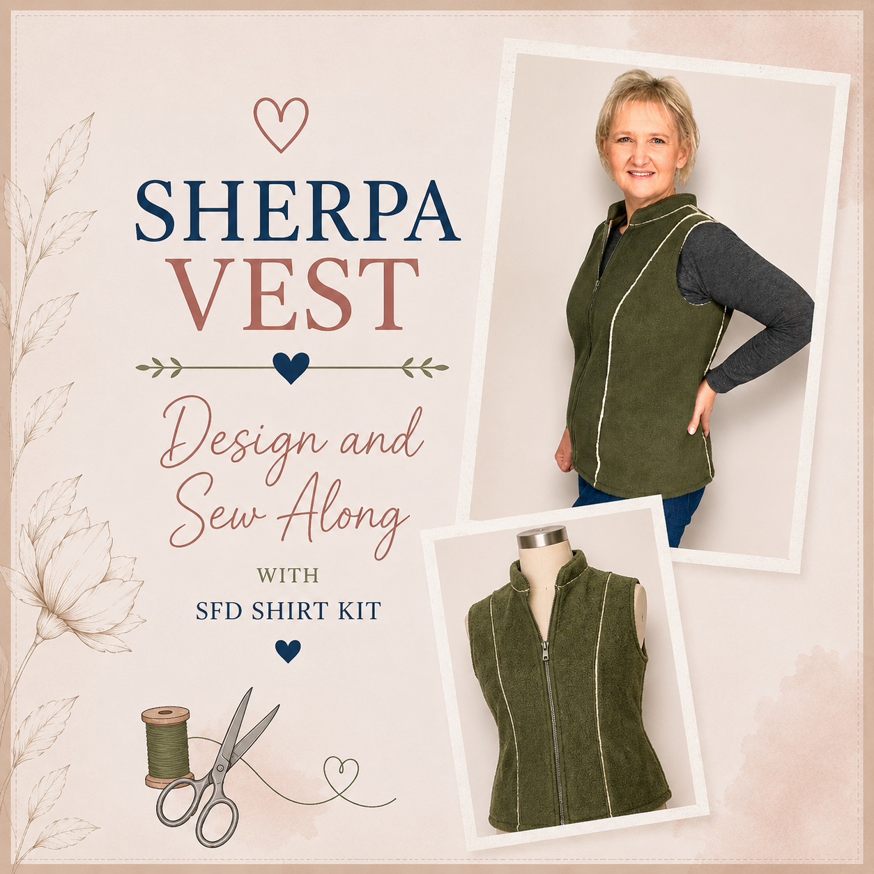 Sherpa Vest Design and Sew Along with SFD Shirt Kit – olive green zip-front sherpa vest with contrast piping worn by a woman and shown on a dress form – Sure Fit Designs