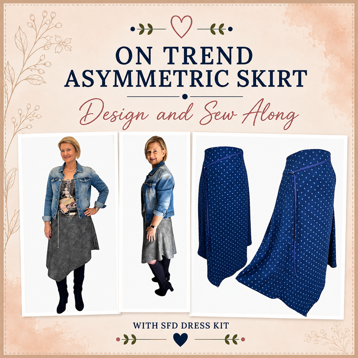 On Trend Asymmetric Skirt Design and Sew Along with SFD Dress Kit – grey hi-low hem skirt worn by two women and navy polka dot version front and back flat lay – Sure Fit Designs