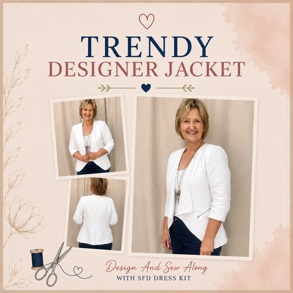 Trendy Designer Jacket Design and Sew Along with SFD Dress Kit – three views of a white unlined open-front jacket with zippered pockets worn by a woman – Sure Fit Designs
