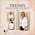 Trendy Designer Jacket Design and Sew Along with SFD Dress Kit – three views of a white unlined open-front jacket with zippered pockets worn by a woman – Sure Fit Designs