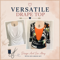 Versatile Drape Top Design and Sew Along with SFD Dress Kit – white cowl neck drape top and printed wrap-style drape top with built-in camisole on dress forms – Sure Fit Designs