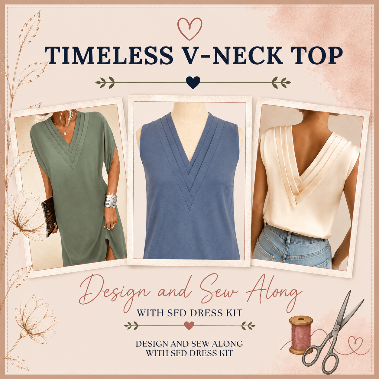 Timeless V-Neck Top Design and Sew Along with SFD Dress Kit – three versions in sage green, blue and cream showing front and back layered V-neckline finish in woven and stretch fabric – Sure Fit Designs