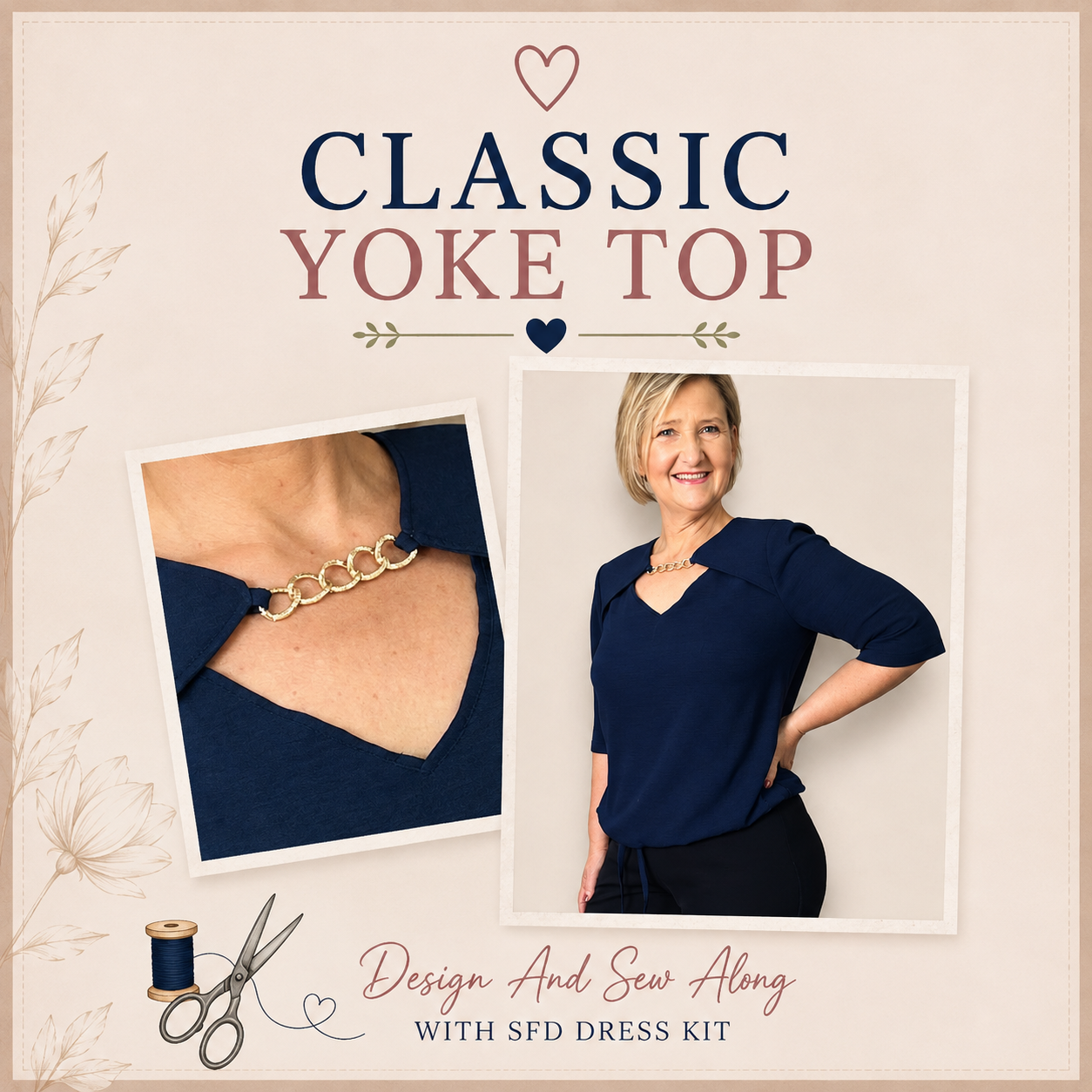 Classic Yoke Top Design and Sew Along with SFD Dress Kit – navy blue yoke top with chain detail neckline shown in close-up and worn by a woman – Sure Fit Designs